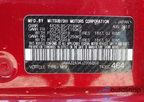 2018 Mitsubishi Outlander Es from USA, damaged, VIN JA4AZ2A34JZ006860